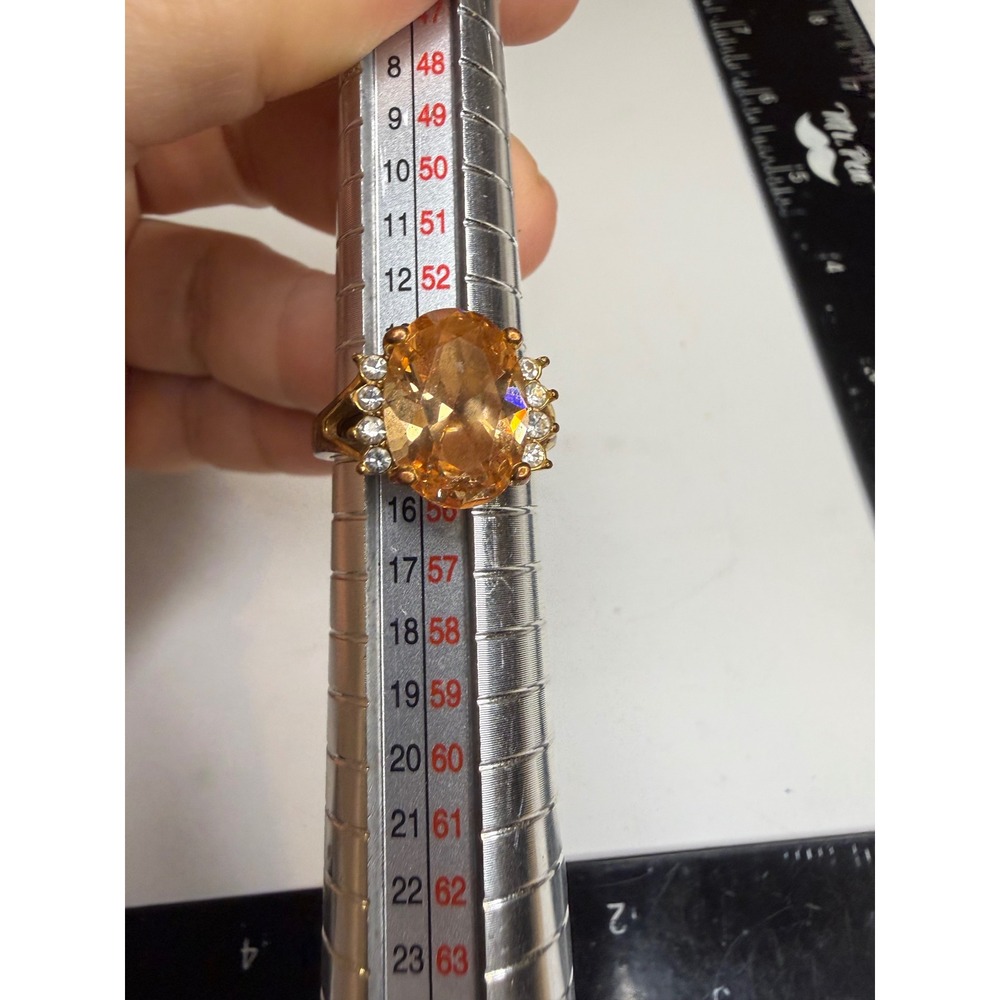 Gold Tone Oval Champagne Stone Cocktail Ring with Crystal Accents Size 7.25